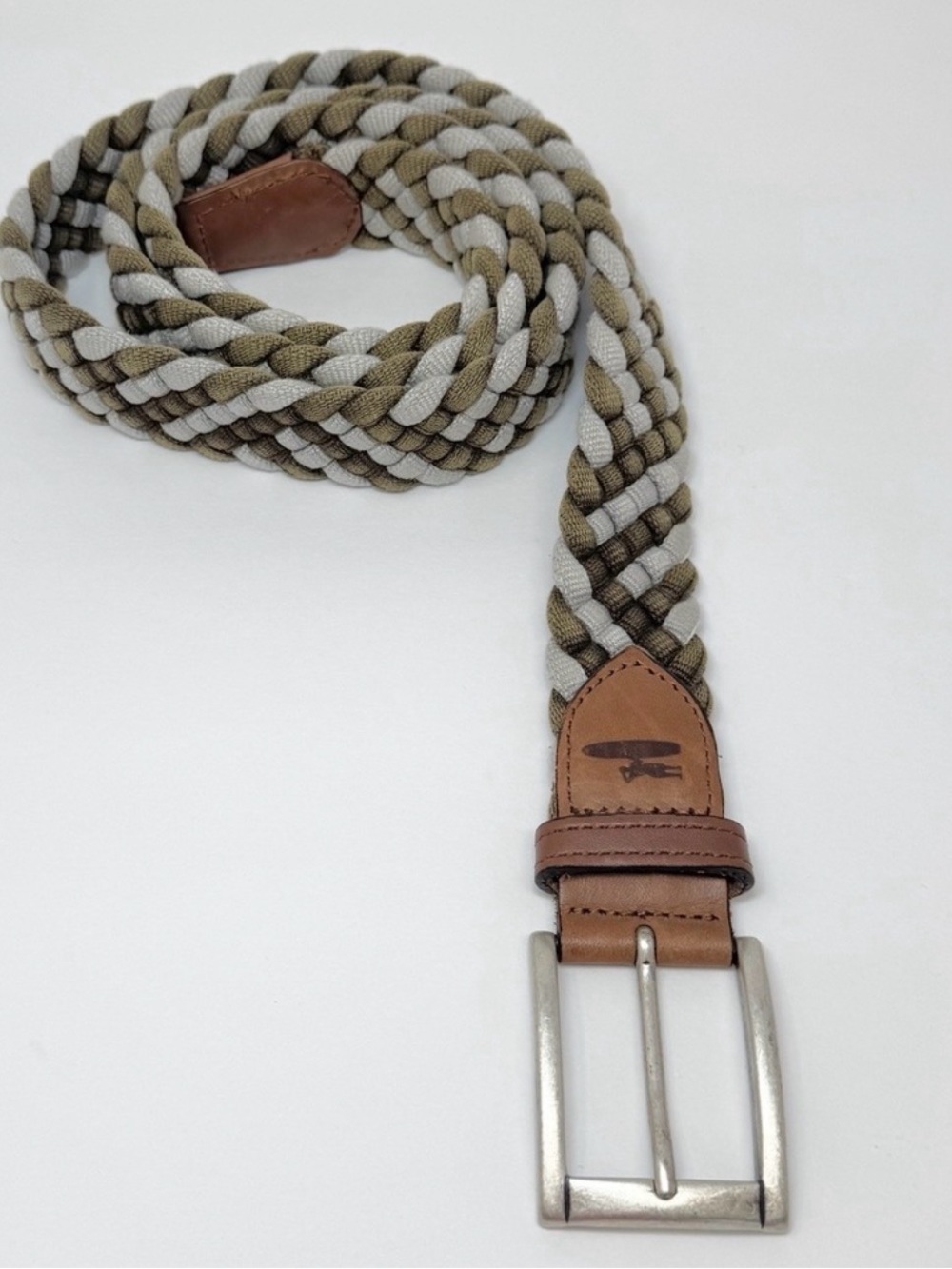 johnnie-O Braided Canvas Belt in Tan, Olive & White with Leather Trim
